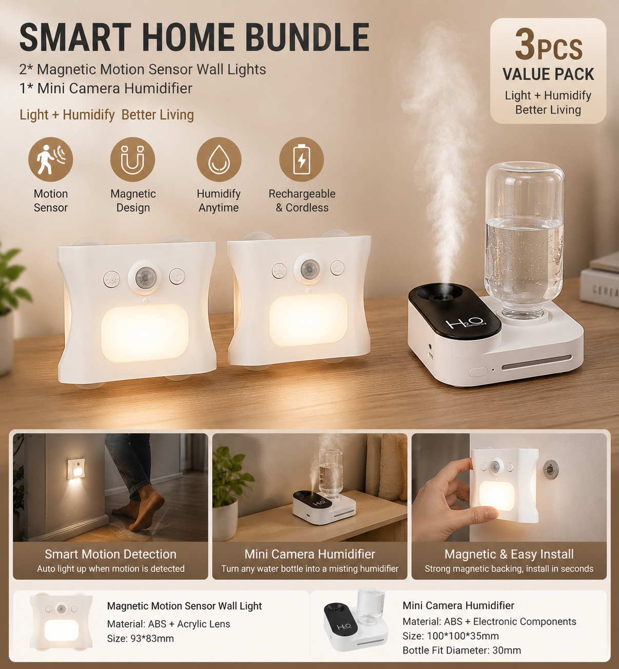 3PCS Smart Home Atmosphere Set – White USB Rechargeable Camera Humidifier & 2pcs White RGB Motion Sensor Wall Light, Magnetic Wireless Night Lamp with Remote Control for Bedroom, Living Room & Office