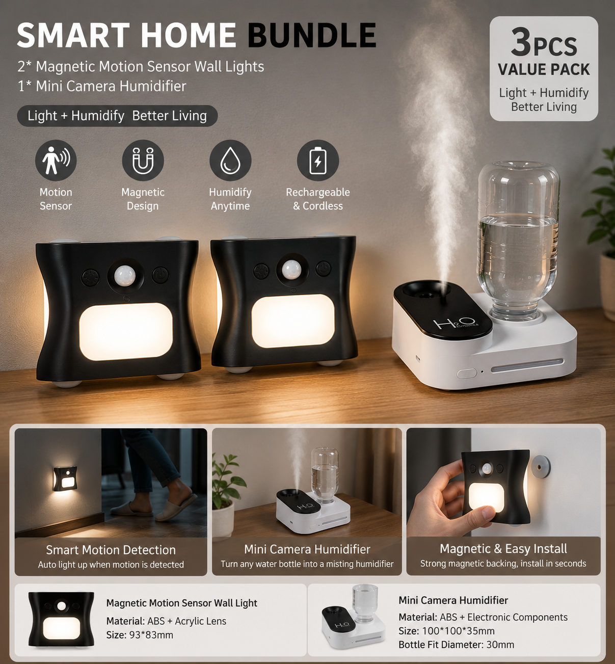 3PCS Smart Home Atmosphere Set – White USB Rechargeable Camera Humidifier & 2pcs Black RGB Motion Sensor Wall Light, Magnetic Wireless Night Lamp with Remote Control for Bedroom, Living Room & Office