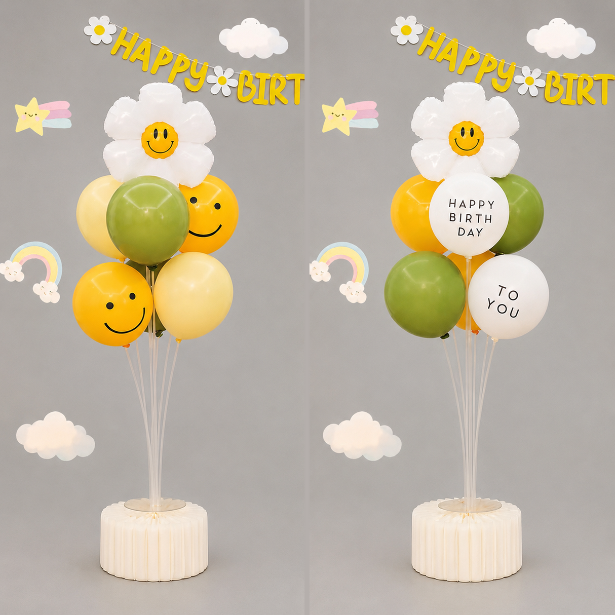 2 Pack Daisy Birthday Balloon Table Centerpiece Set("Happy Birthday" letter style and pale yellow balloon style), 10 Inch Latex Balloons with Smiley Flower Topper, Birthday Party Decoration for First Birthday & Celebration Events
