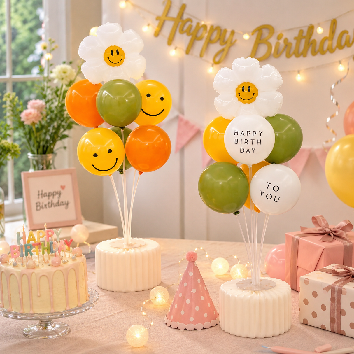 2 Pack Daisy Birthday Balloon Table Centerpiece Set("Happy Birthday" letter style and pale Orange balloon style), 10 Inch Latex Balloons with Smiley Flower Topper, Birthday Party Decoration for First Birthday & Celebration Events