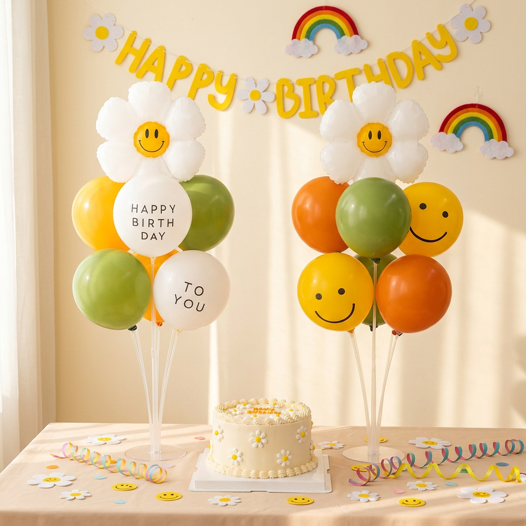 2 Pack Daisy Birthday Balloon Table Centerpiece Set("Happy Birthday" letter style and pale Orange balloon style), 10 Inch Latex Balloons with Smiley Flower Topper, Birthday Party Decoration for First Birthday & Celebration Events