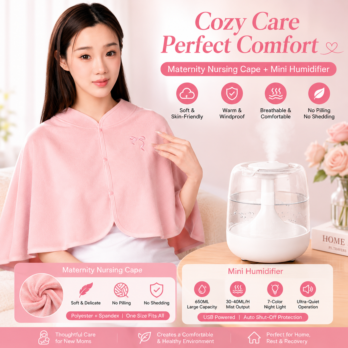 2 pcs Relaxing Winter Set - Pink Nursing Cape and White Mini Humidifier Soothing – Soft Postpartum Shawl & 650ml USB Air Humidifier for Home Comfort,Relax Self Care Present for Women
