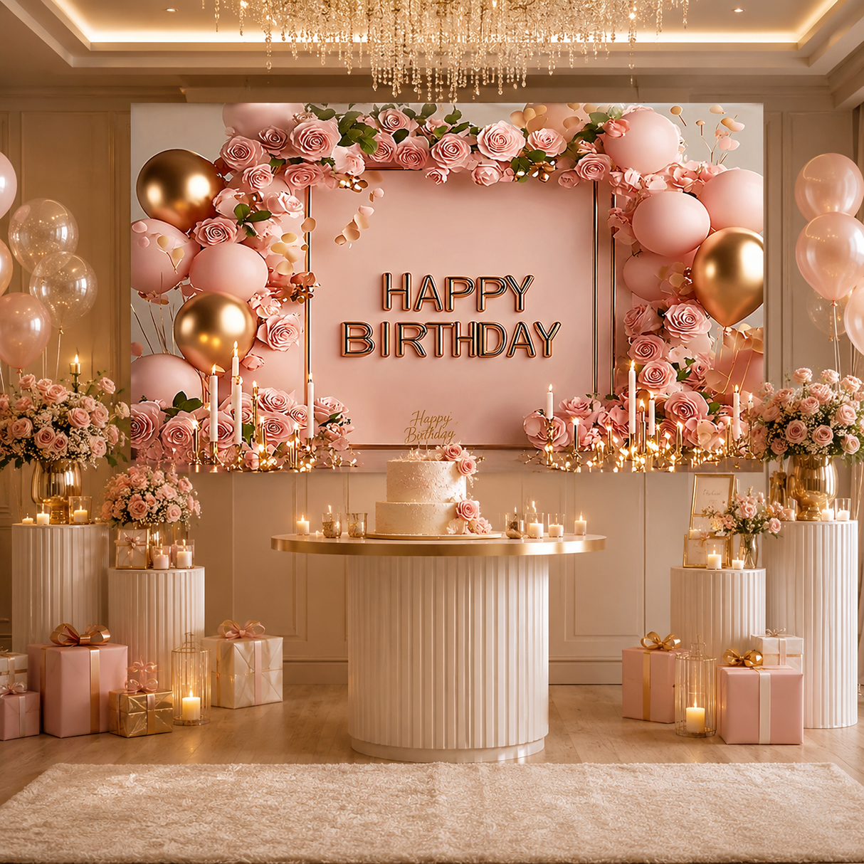 180×115cm Pink Printed Floral, balloon, and candle patterns Happy Birthday Backdrop – Premium Indoor Party Decoration Polyester Wall Banner
