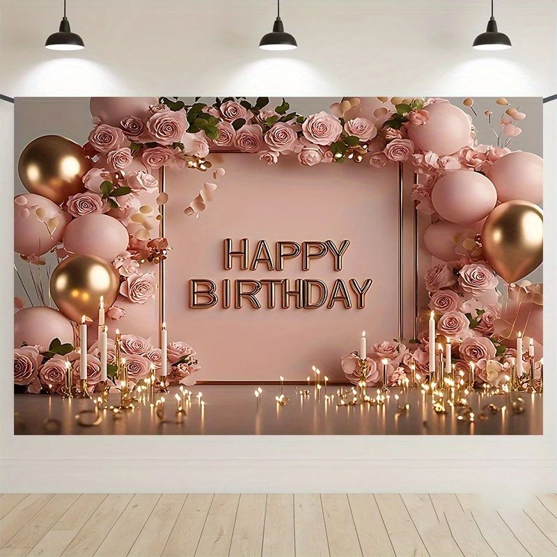 180×115cm Pink Printed Floral, balloon, and candle patterns Happy Birthday Backdrop – Premium Indoor Party Decoration Polyester Wall Banner