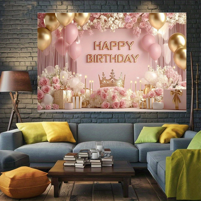 180×115cm Pink Printed with a pattern of flowers, balloons, and a crown Happy Birthday Backdrop – Premium Indoor Party Decoration Polyester Wall Banner