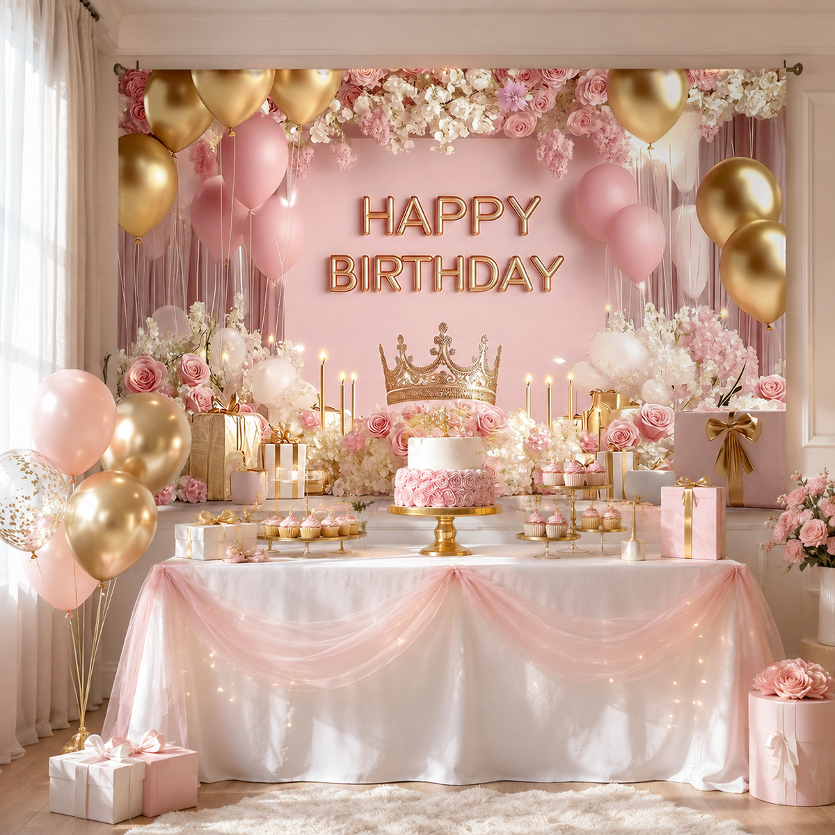 180×115cm Pink Printed with a pattern of flowers, balloons, and a crown Happy Birthday Backdrop – Premium Indoor Party Decoration Polyester Wall Banner