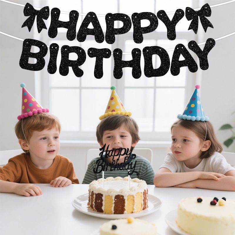 Golden Glitter Happy Birthday Banner and Cake Topper Set - Bow Decoration Birthday Party , Hanging Bunting with Sticks and Tape for Home Celebration