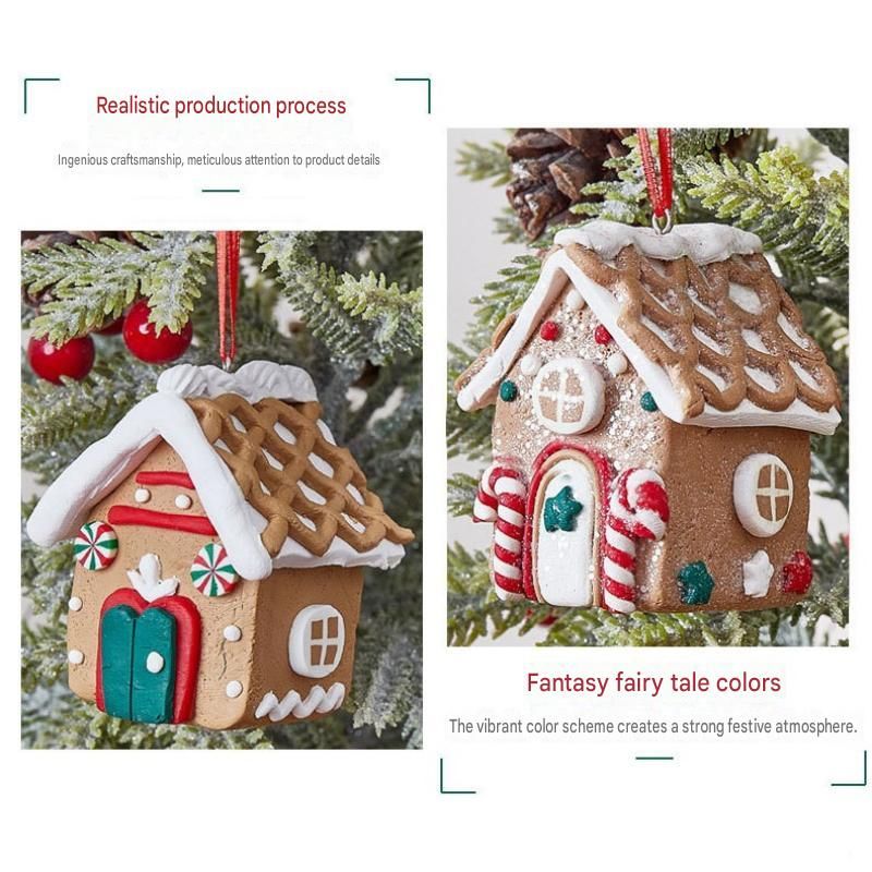 Double-crutch model Gingerbread House Christmas Tree Ornament - Made of polymer clay with snowflake details, perfect for Christmas decorations, suitable for home and window displays