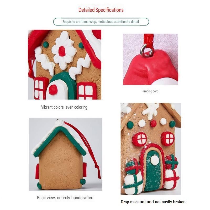 Red Heart Design Gingerbread House Christmas Tree Ornament - Made of polymer clay with snowflake details, perfect for Christmas decorations, suitable for home and window displays