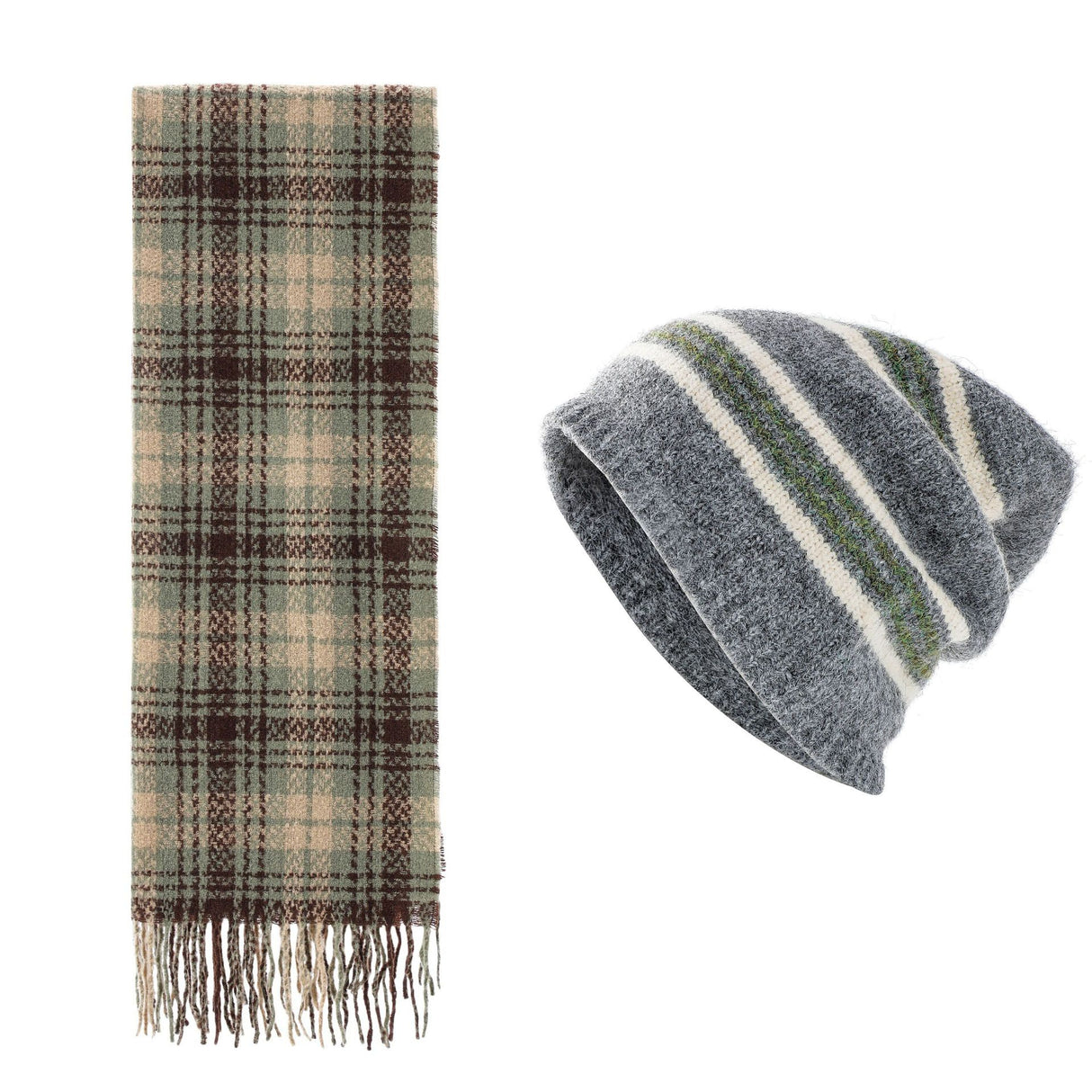 Striped Wool-Blend Beanie & Plaid Fringed Scarf Set — Soft Knit Hat (36 x 26 cm) and Oversized Shawl (200 x 65 cm); A Must-Have for Christmas and Cold Weather