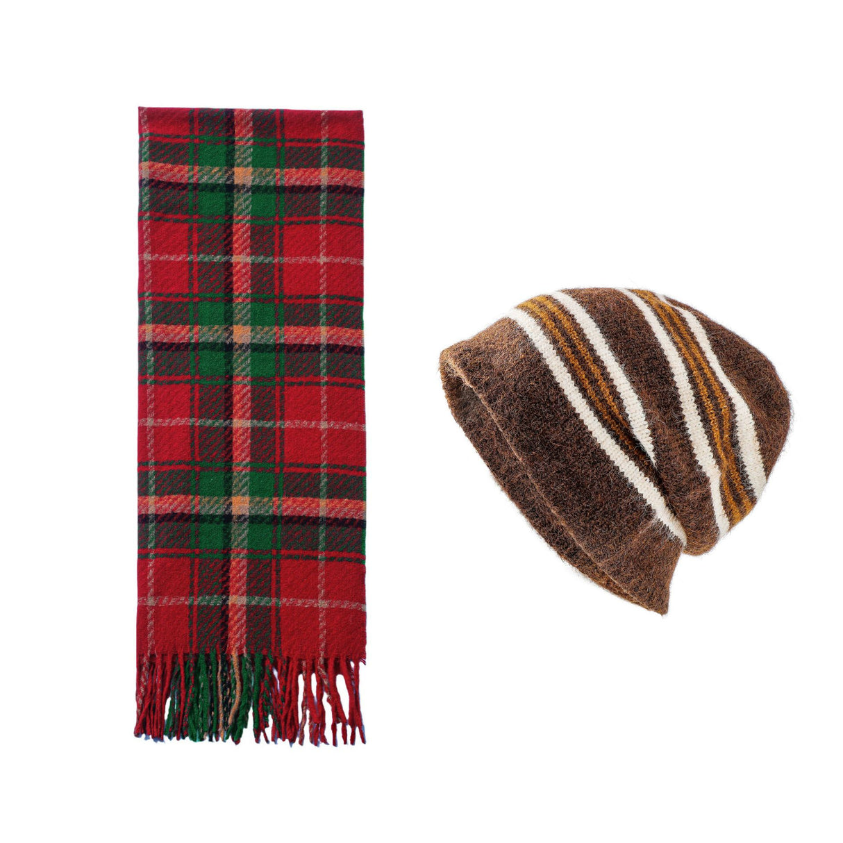 Brown + Red Striped Wool-Blend Beanie & Plaid Fringed Scarf Set — Soft Knit Hat (36 x 26 cm) and Oversized Shawl (200 x 65 cm); A Must-Have for Christmas and Cold Weather