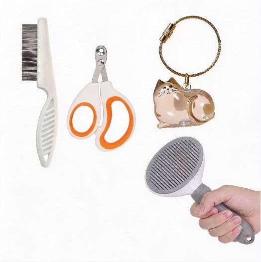 Calico cat Complete Cat Care Set - One-Touch Deshedding Brush, Stainless Steel Nail Clipper & Fur Collection Locket