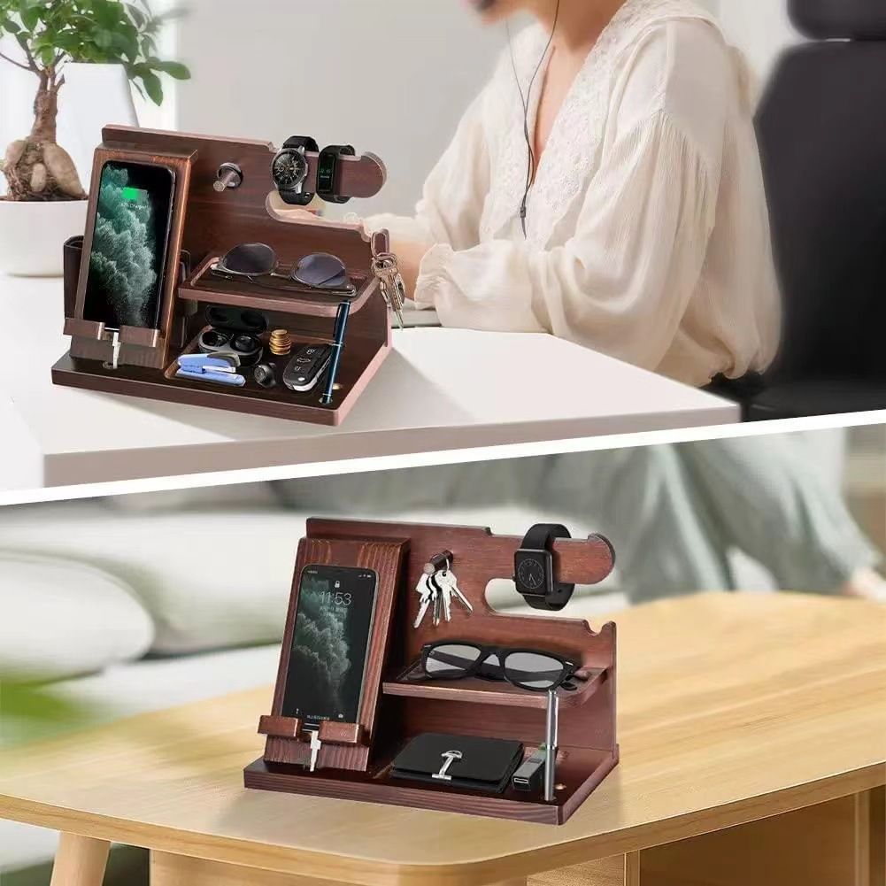 Multi-Functional Wooden Nightstand Organizer for Phone, Glasses, Wallet & Keys - Natural Wood Desk Tidy with Pen Holder