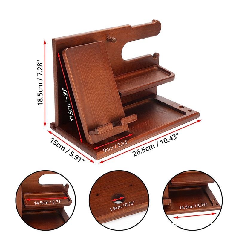 Multi-Functional Wooden Nightstand Organizer for Phone, Glasses, Wallet & Keys - Natural Wood Desk Tidy with Pen Holder