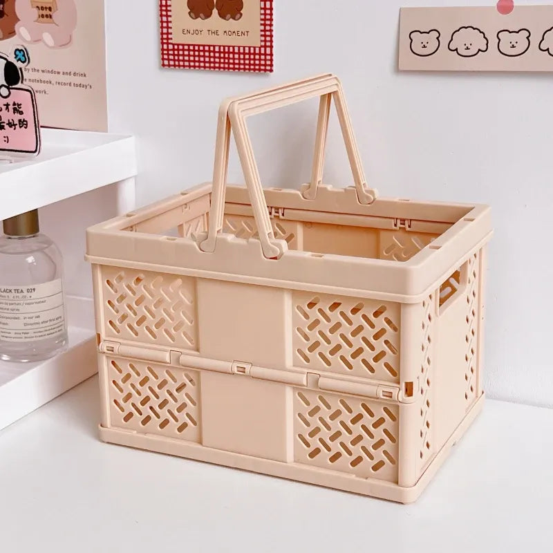 Brown Foldable Storage Basket with Handles - Portable Multi Purpose Desktop Organiser Crate for Snacks, Kitchen Storage, Books and Household Essentials
