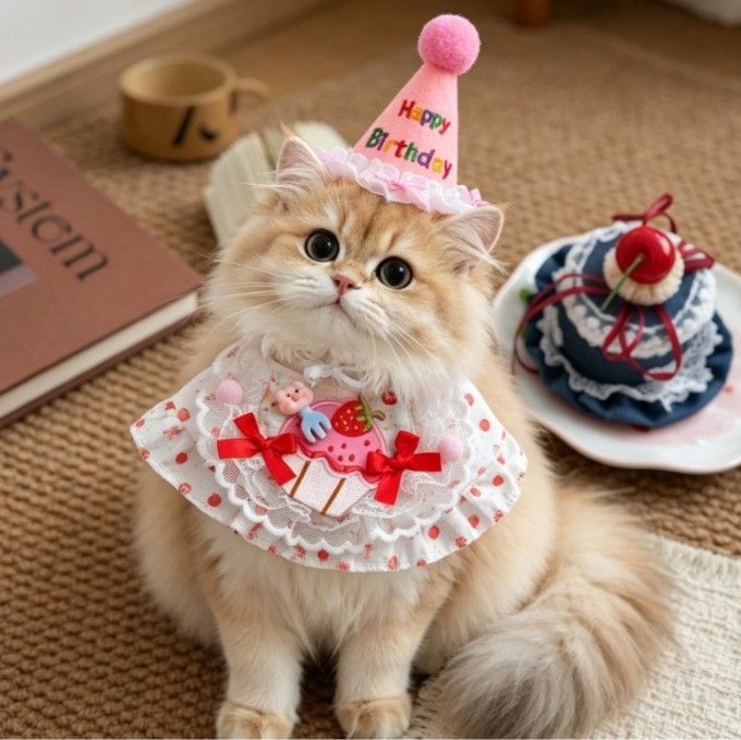 Size S Pink Pet Birthday Party Supplies Strawberry Cake Bib and Hat Set Cat Dog Costume Photo Shoot Outfit