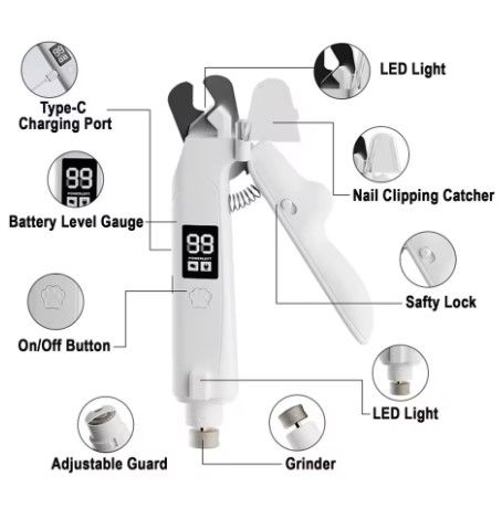 Black Paw Hair Trimmer and White Pet Nail Clipper Set USB Rechargeable Dog Cat Grooming Kit LED Display Low Noise Paw Shaver Nail Grinder 2 in 1 Pet Beauty Tool