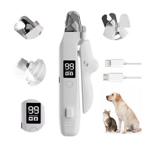 Black Paw Hair Trimmer and White Pet Nail Clipper Set USB Rechargeable Dog Cat Grooming Kit LED Display Low Noise Paw Shaver Nail Grinder 2 in 1 Pet Beauty Tool