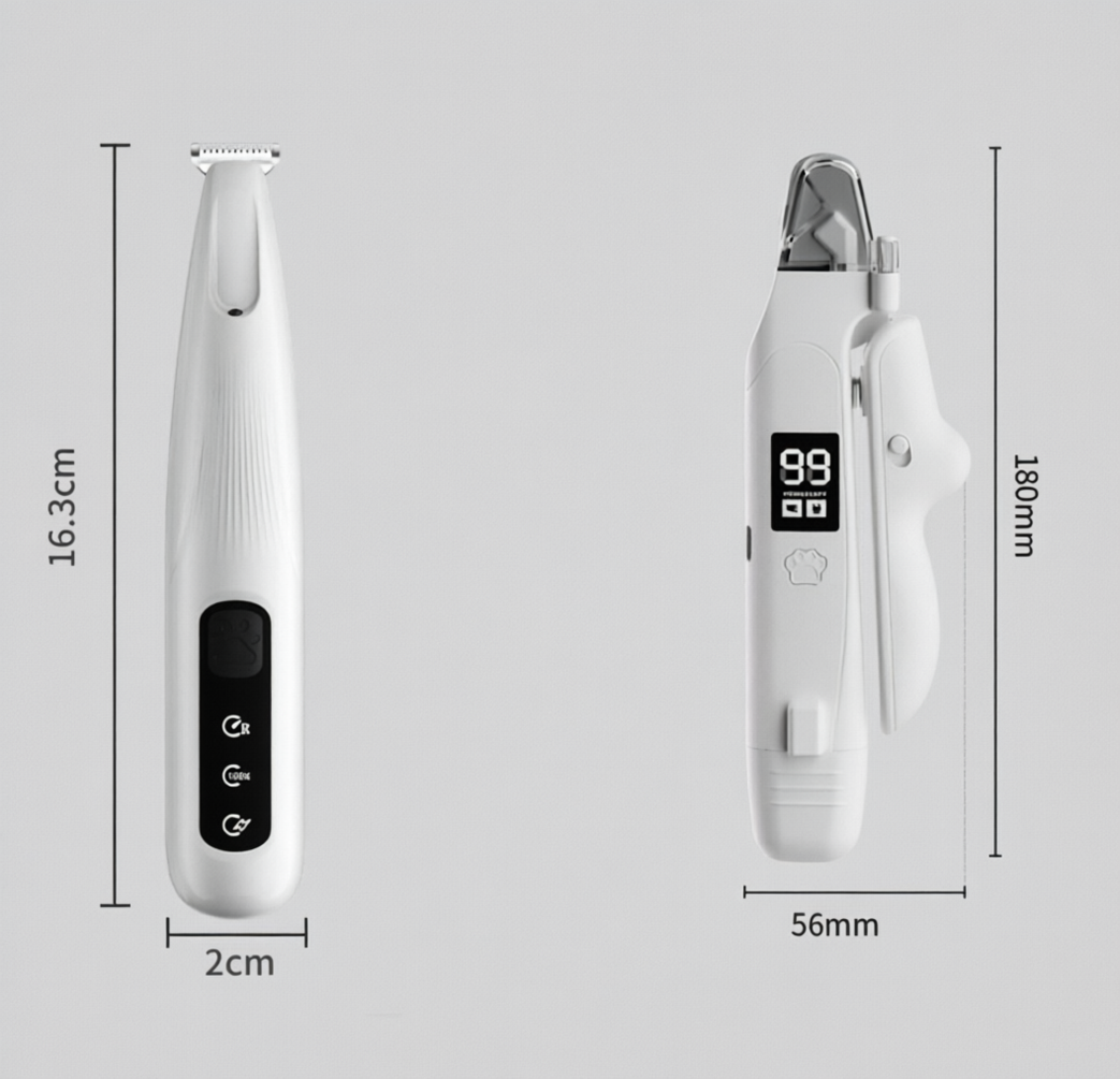 Black Paw Hair Trimmer and White Pet Nail Clipper Set USB Rechargeable Dog Cat Grooming Kit LED Display Low Noise Paw Shaver Nail Grinder 2 in 1 Pet Beauty Tool