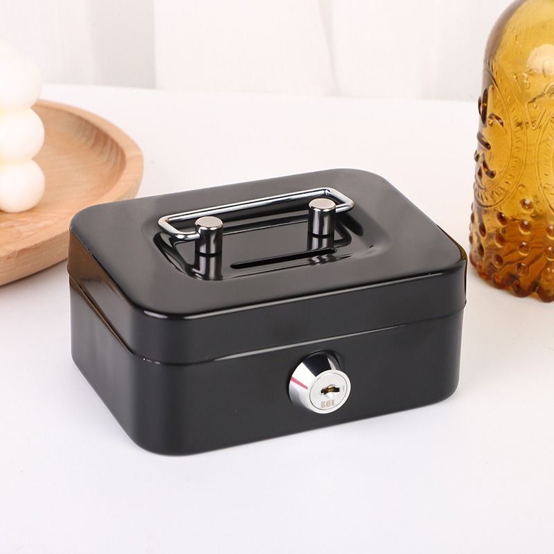 Black Lockable Metal Cash Box with Coin Slot Portable Money Storage Box Small Savings Bank Key Lock Cash Holder Organiser for Coins Notes Home Office Use 115x85x58mm