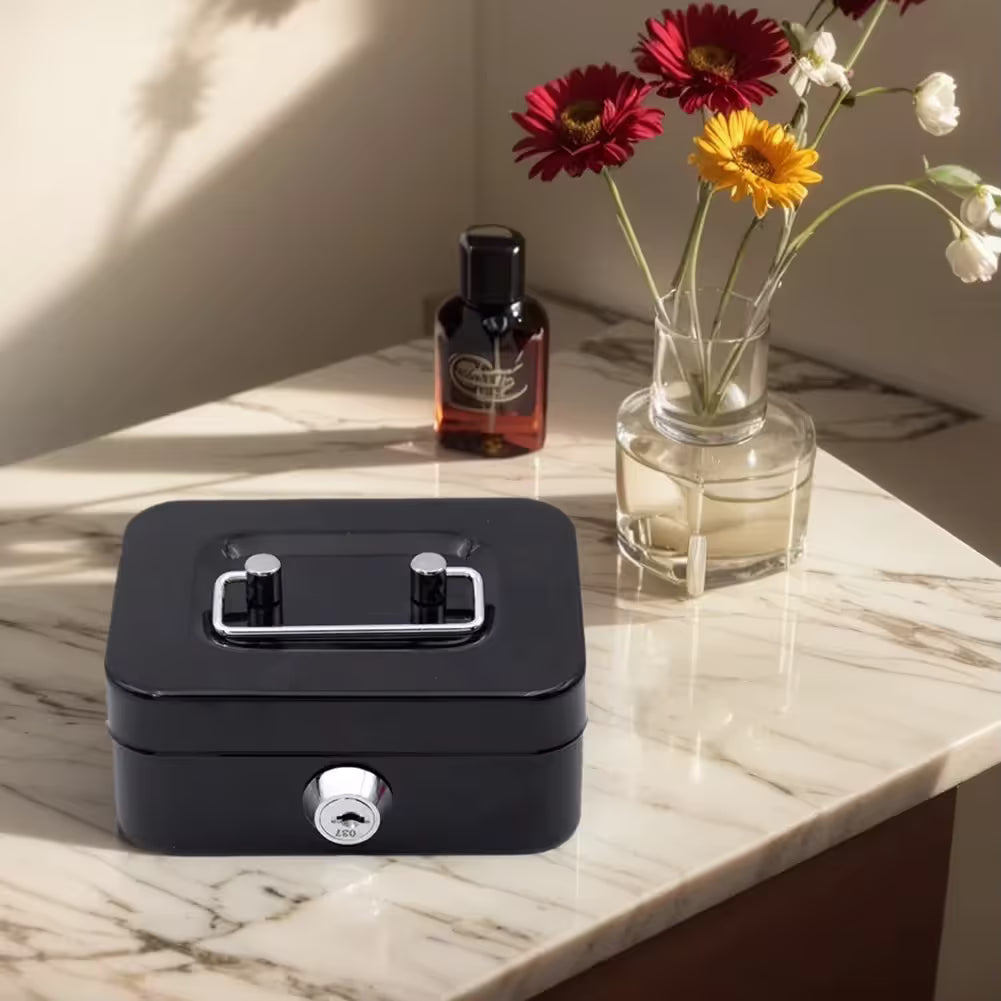 Black Lockable Metal Cash Box with Coin Slot Portable Money Storage Box Small Savings Bank Key Lock Cash Holder Organiser for Coins Notes Home Office Use 115x85x58mm