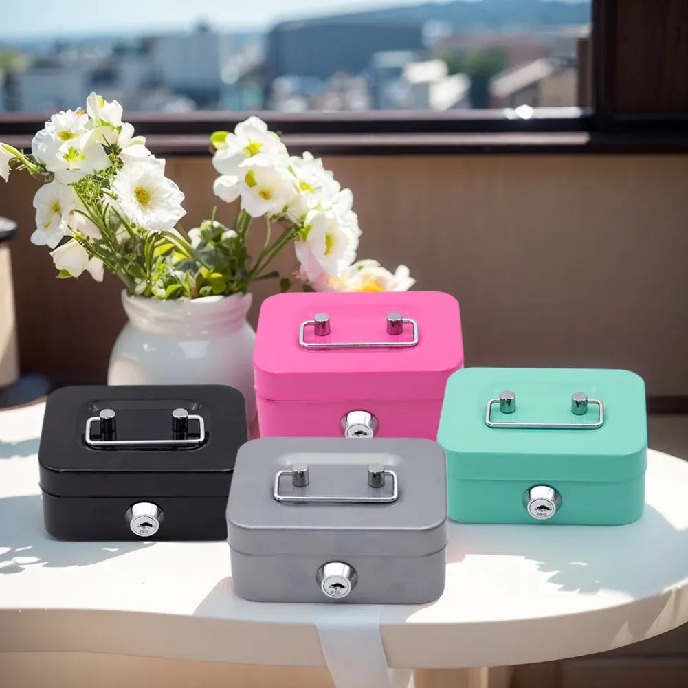 Black Lockable Metal Cash Box with Coin Slot Portable Money Storage Box Small Savings Bank Key Lock Cash Holder Organiser for Coins Notes Home Office Use 115x85x58mm