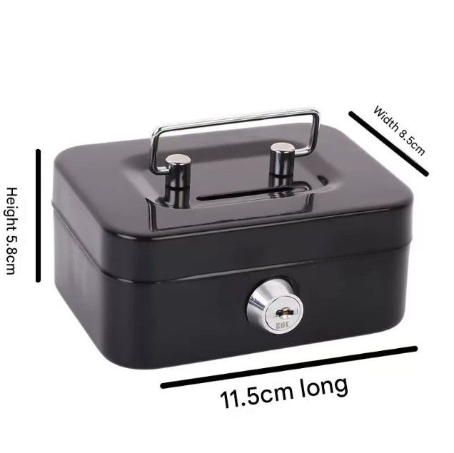 Black Lockable Metal Cash Box with Coin Slot Portable Money Storage Box Small Savings Bank Key Lock Cash Holder Organiser for Coins Notes Home Office Use 115x85x58mm