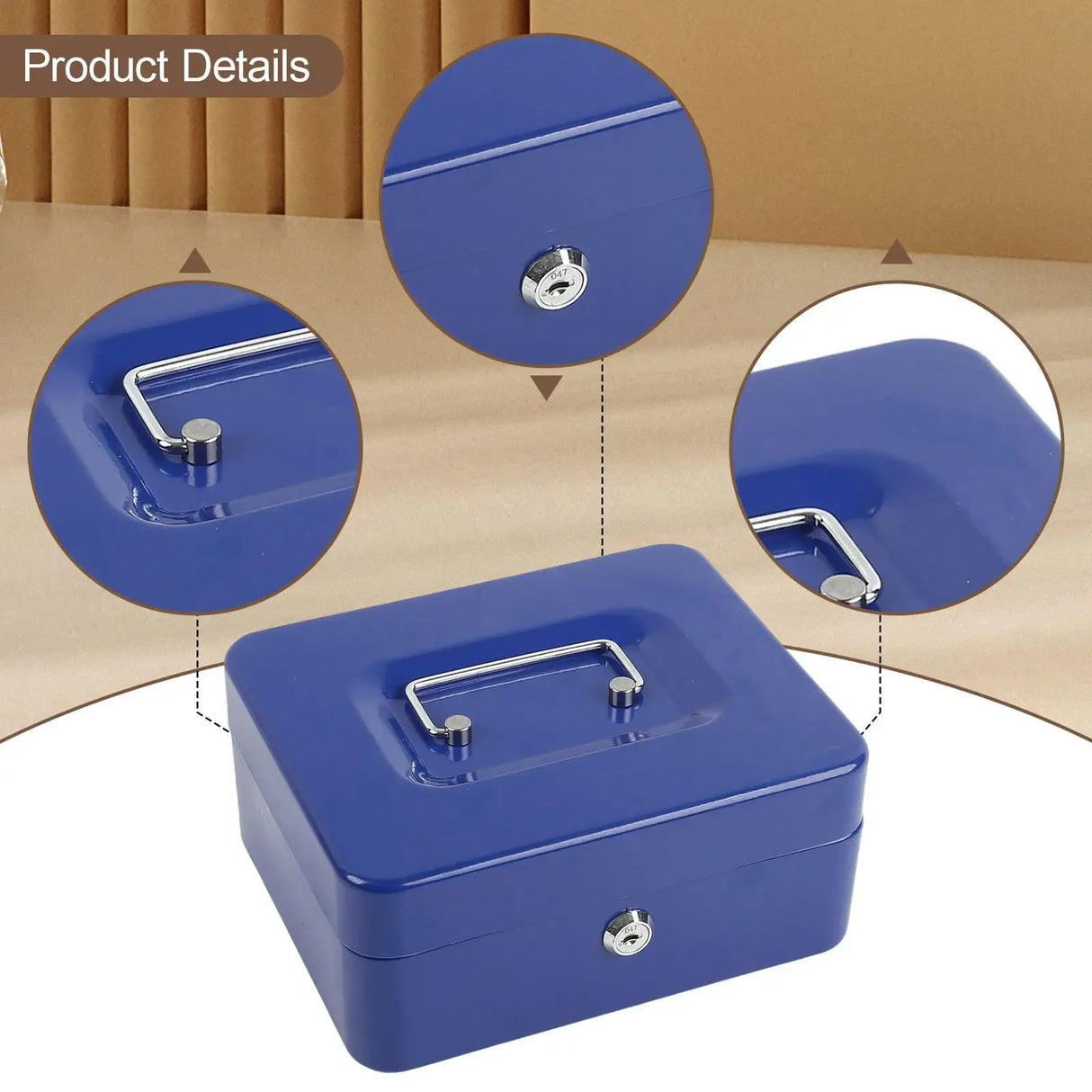 Blue Handheld Cash Box Lockable Money Storage Box with Removable Cash Tray Portable Metal Money Safe with Keys 200x160x90mm