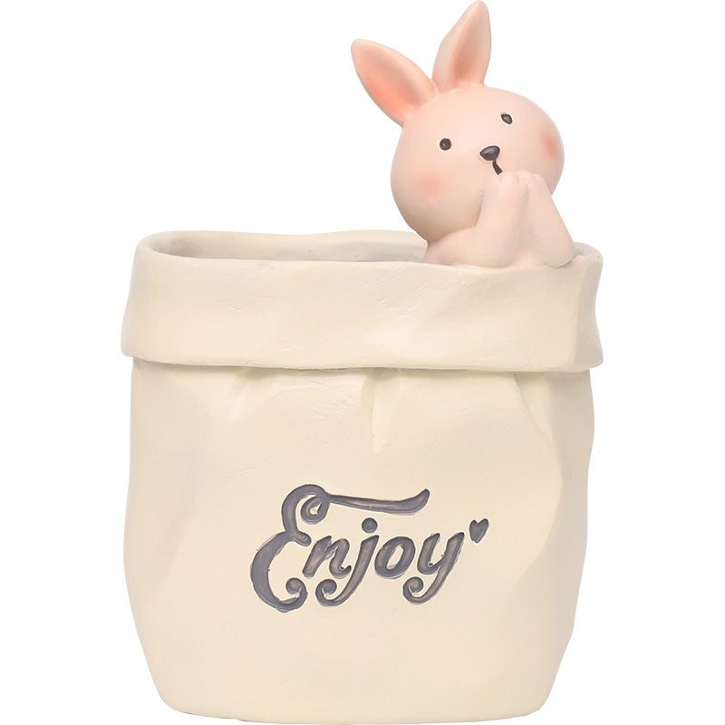 Creative Animal-Themed "Paper Bag" Pen Holder (Rabbit) — Resin Desktop Organizer | Cute Cartoon Pencil Cup, Planter, & Storage Container | Home & Office Desktop Decor