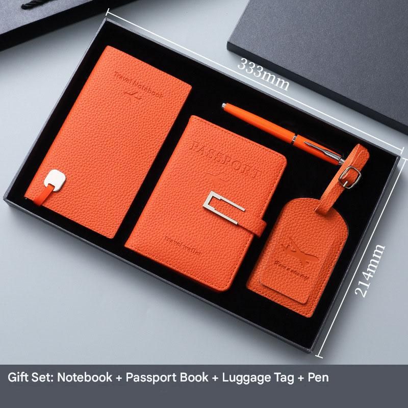 Orange Travel Passport Holder and Notebook Gift Set with Luggage Tag & Metal Pen Business Travel Gift Box