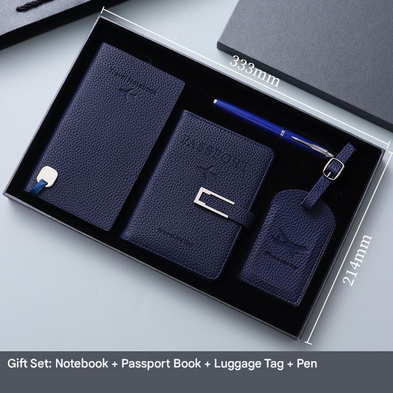 Dark Blue Travel Passport Holder and Notebook Gift Set with Luggage Tag & Metal Pen Business Travel Gift Box