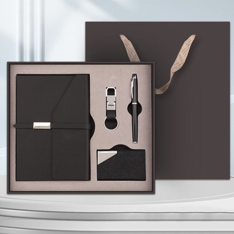 Black Executive A5 Notebook Gift Set with Metal Pen, Business Card Holder and Keychain for Corporate Gifts, Client Appreciation and Office Professionals