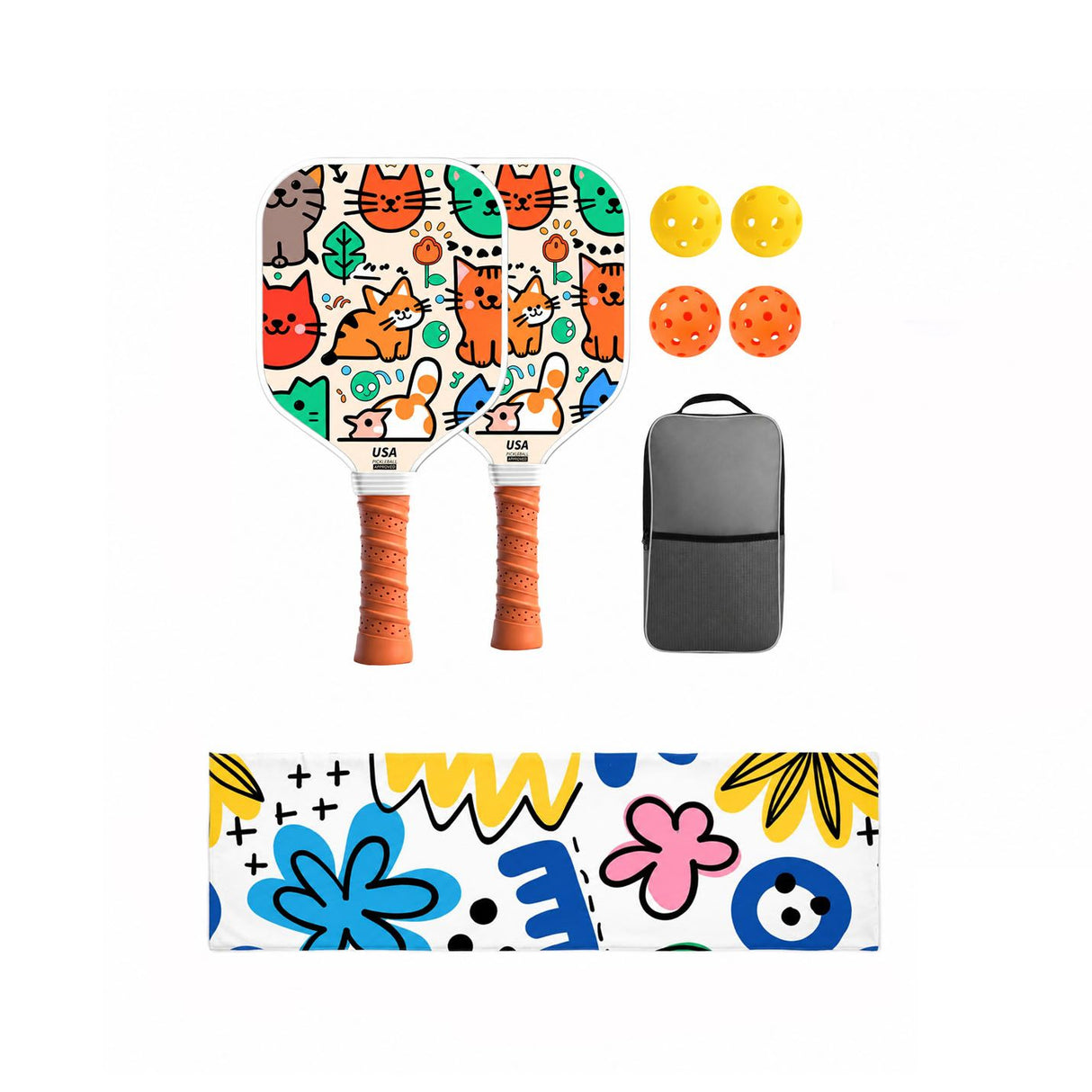 Kids Pickleball Paddle Set with Cooling Towel (Meow Paradise) , Cartoon Junior Paddles, Carry Bag and Indoor/Outdoor Balls for Children