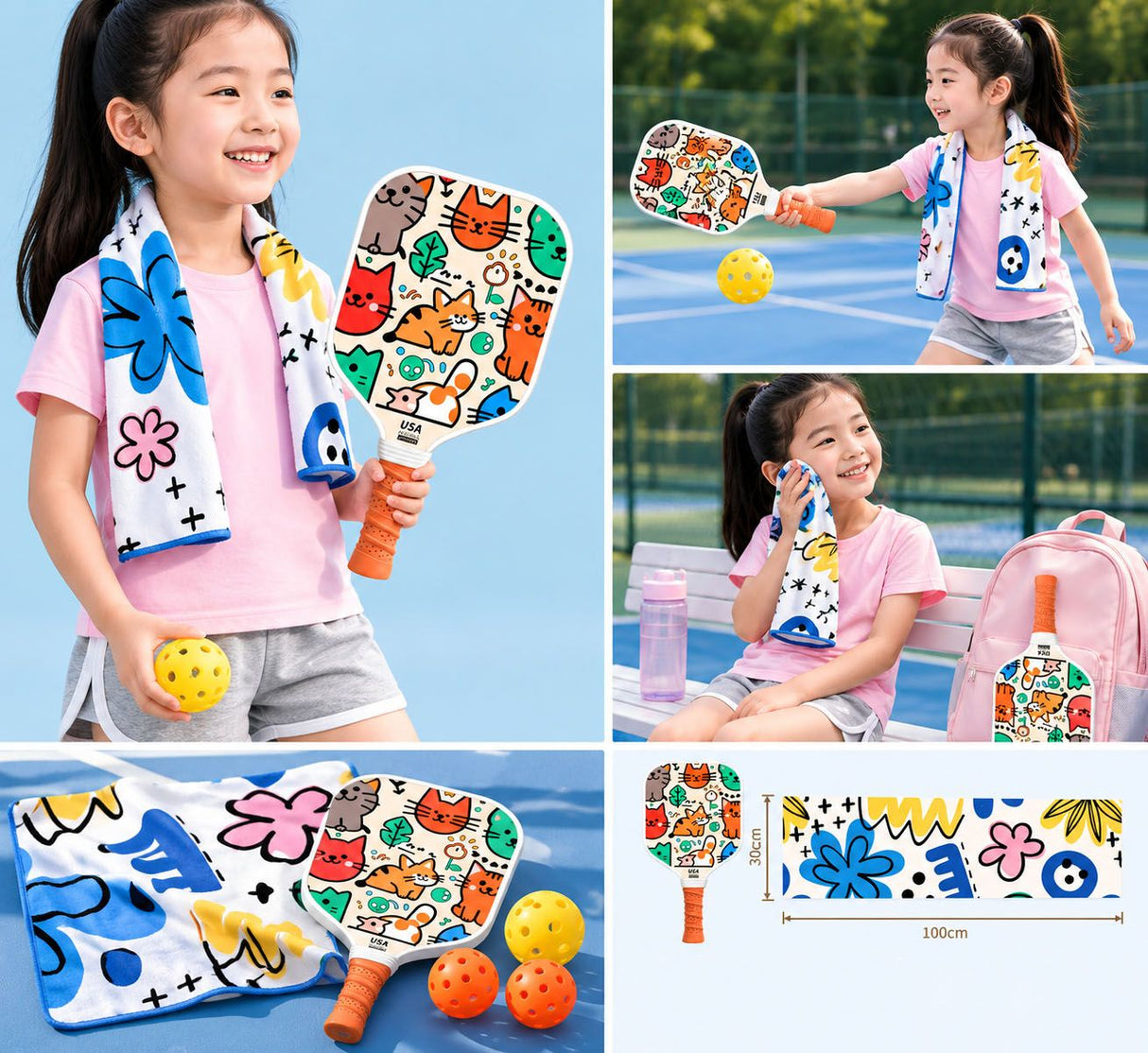 Kids Pickleball Paddle Set with Cooling Towel (Meow Paradise) , Cartoon Junior Paddles, Carry Bag and Indoor/Outdoor Balls for Children