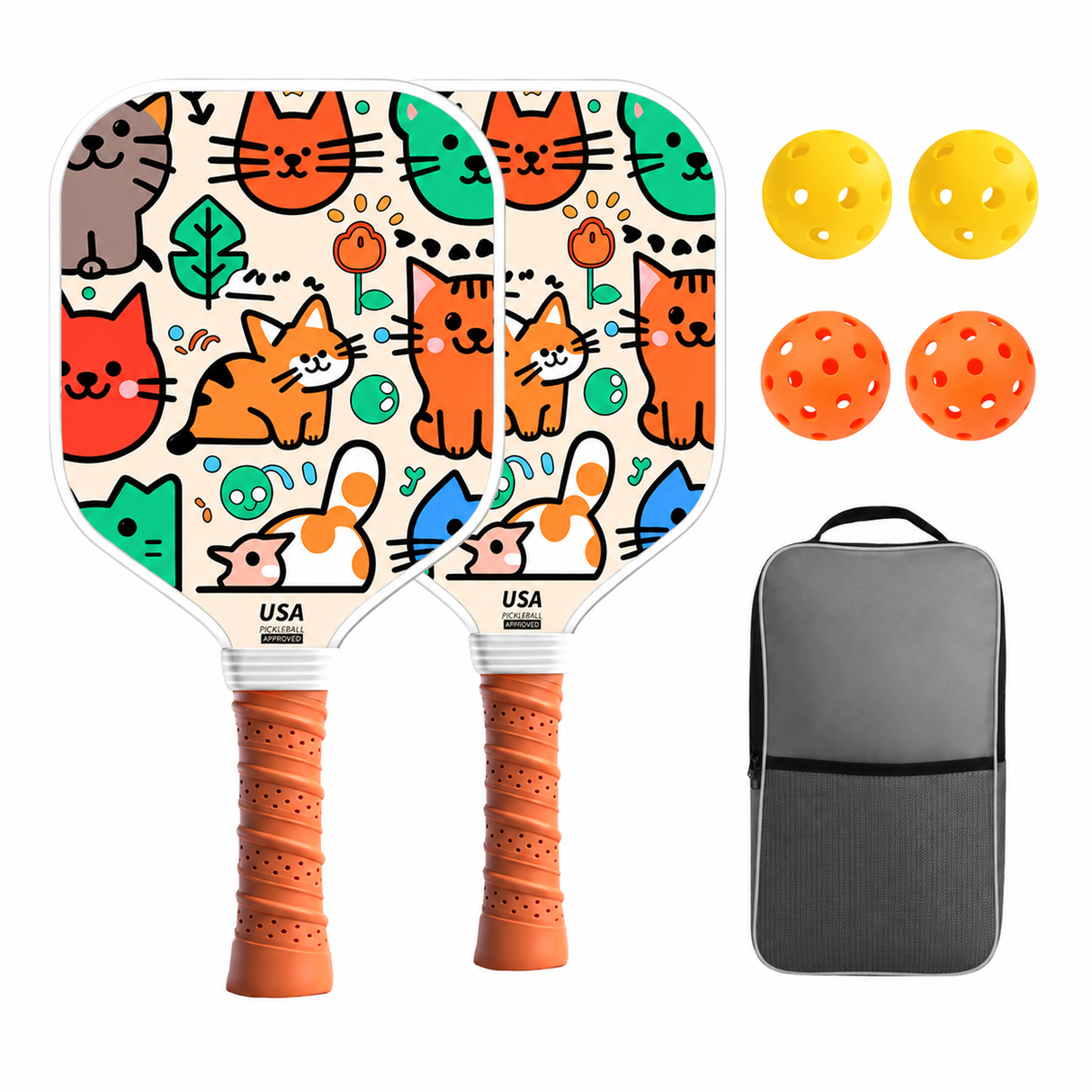Kids Pickleball Paddle Set with Cooling Towel (Meow Paradise) , Cartoon Junior Paddles, Carry Bag and Indoor/Outdoor Balls for Children