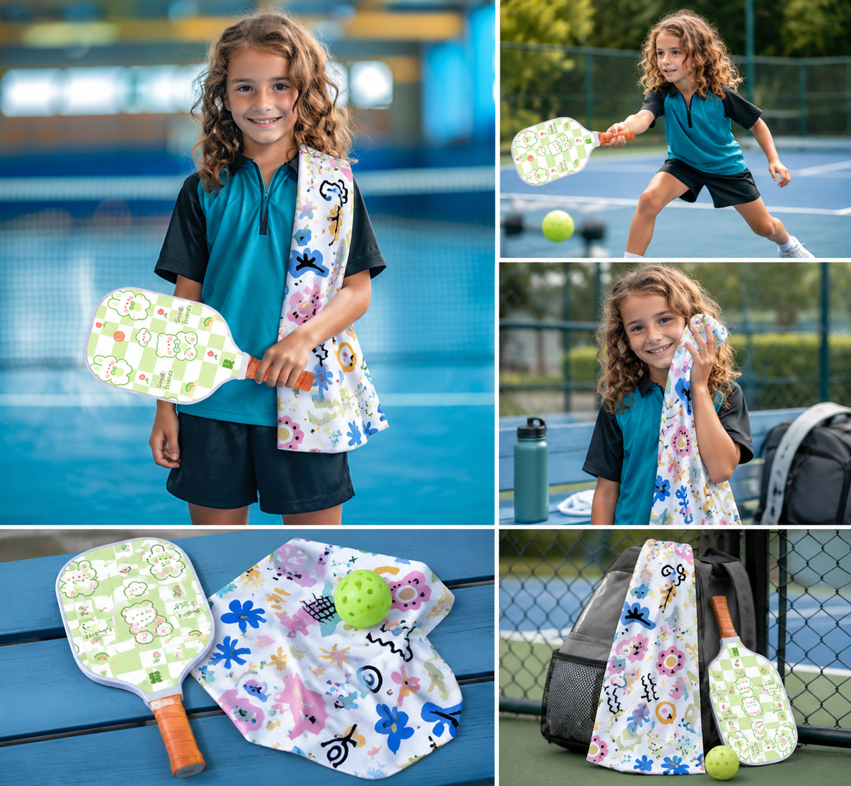 Kids Pickleball Paddle Set with Cooling Towel (Teddy Bear), Cartoon Junior Paddles, Carry Bag and Indoor/Outdoor Balls for Children