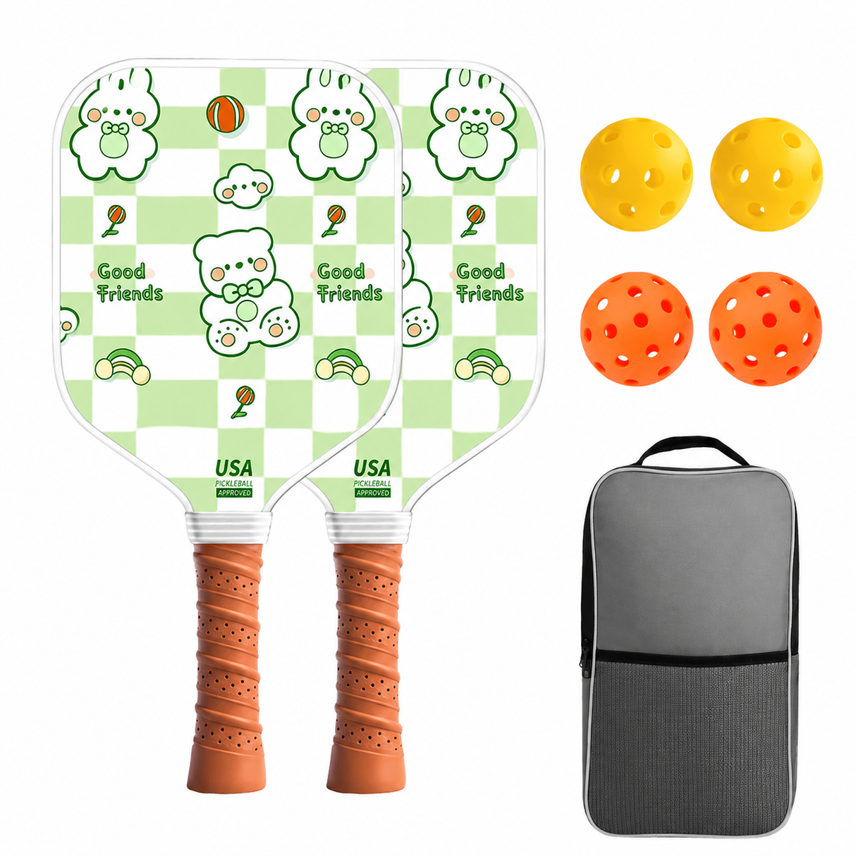 Kids Pickleball Paddle Set with Cooling Towel (Teddy Bear), Cartoon Junior Paddles, Carry Bag and Indoor/Outdoor Balls for Children
