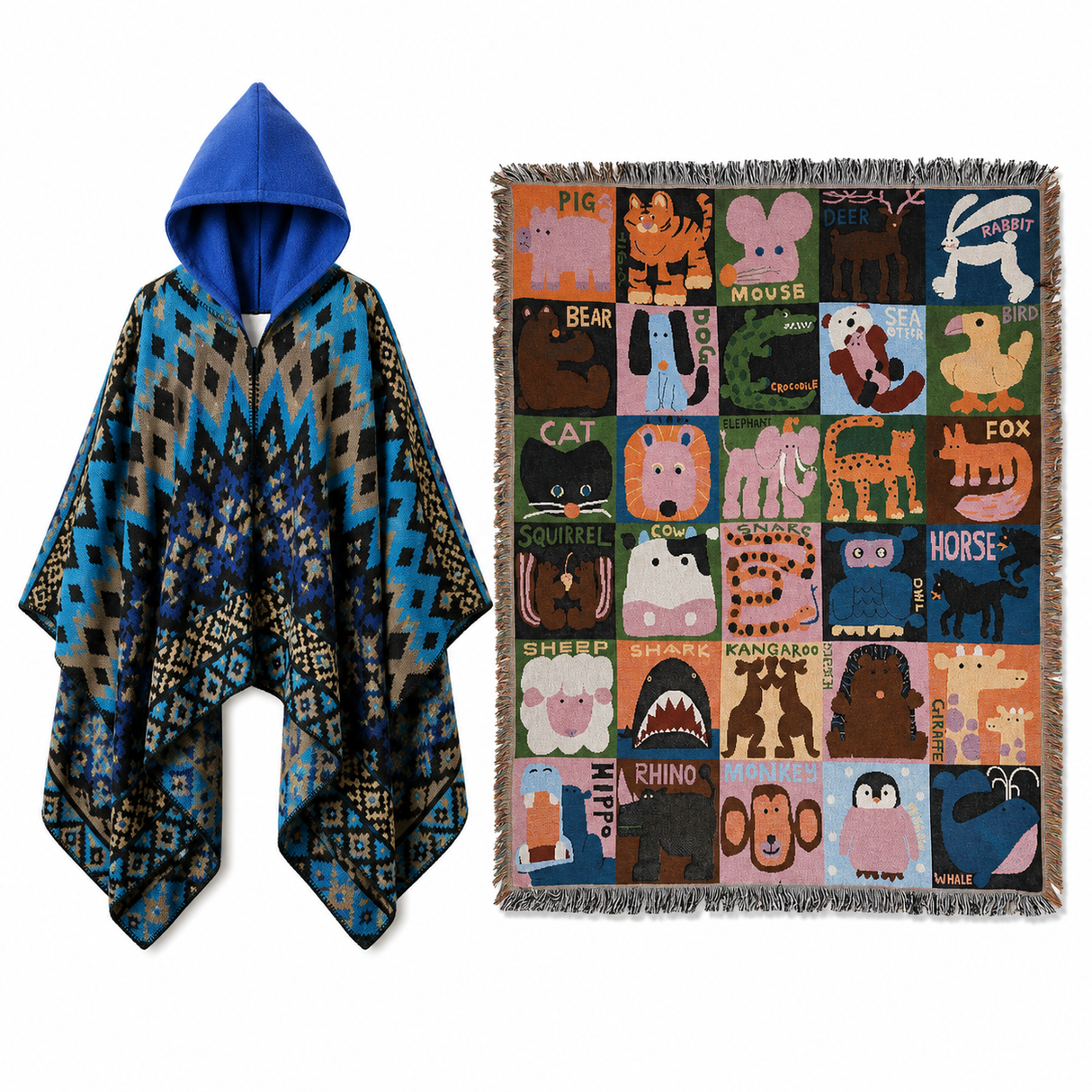 Blue Warm Hooded Poncho Shawl and Animal Pattern Throw Blanket Set for Sofa, Bed and Winter Lounging