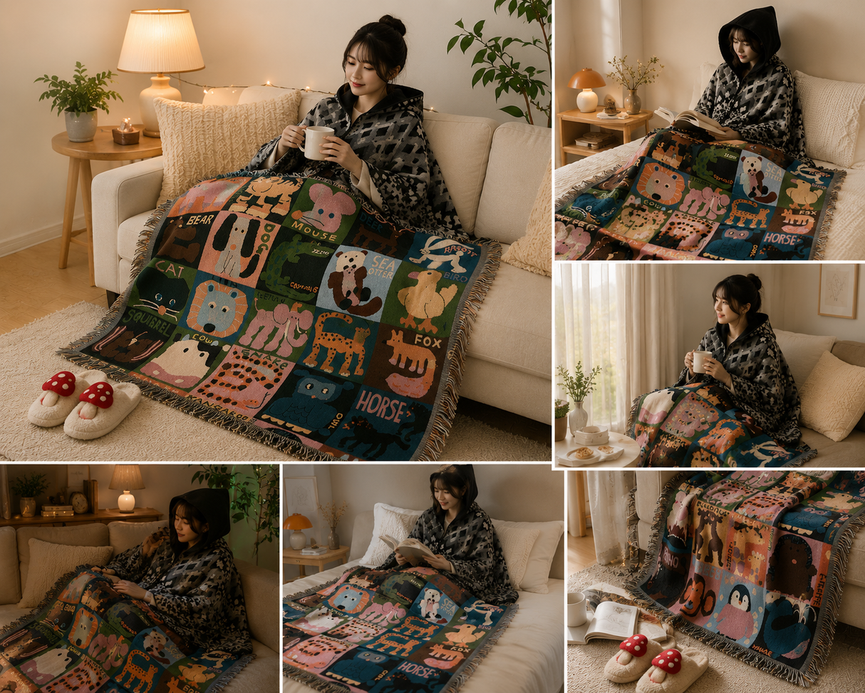 Black Warm Hooded Poncho Shawl and Animal Pattern Throw Blanket Set for Sofa, Bed and Winter Lounging