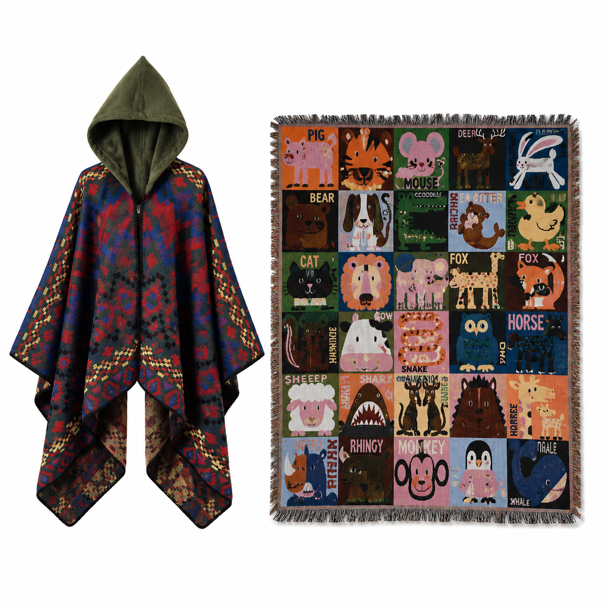 Blue-green Warm Hooded Poncho Shawl and Animal Pattern Throw Blanket Set for Sofa, Bed and Winter Lounging
