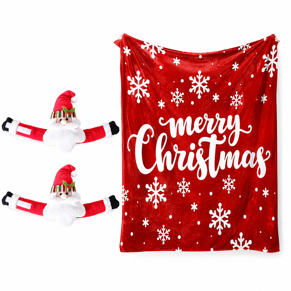 Christmas Flannel Throw Blanket and Santa Curtain Tieback Set, 150x200cm Thick Fleece Sofa Blanket with 2 Plush Santa Velcro Curtain Holders for Holiday Home Decor