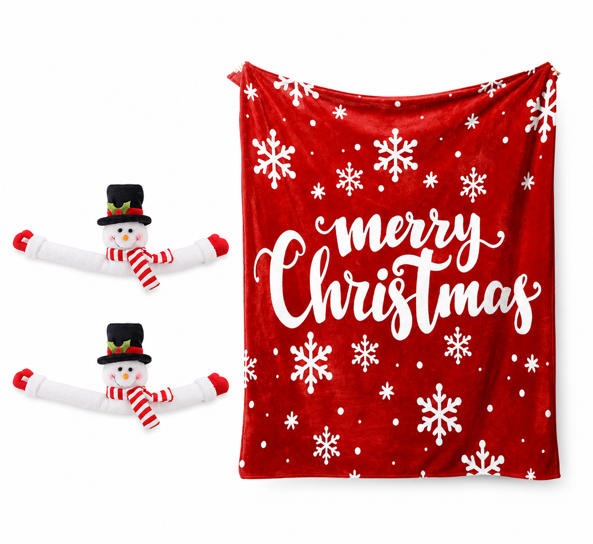 Christmas Flannel Throw Blanket and Snowman Curtain Tieback Set, 150x200cm Thick Fleece Sofa Blanket with 2 Plush Snowman Velcro Curtain Holders for Holiday Home Decor