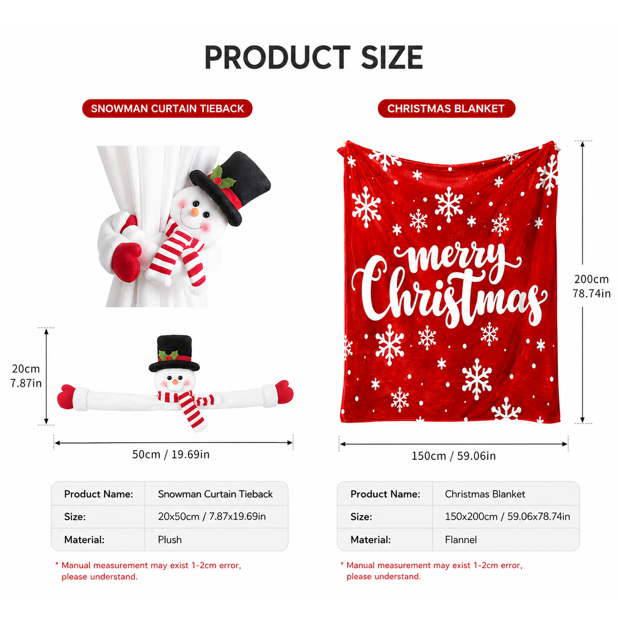 Christmas Flannel Throw Blanket and Snowman Curtain Tieback Set, 150x200cm Thick Fleece Sofa Blanket with 2 Plush Snowman Velcro Curtain Holders for Holiday Home Decor