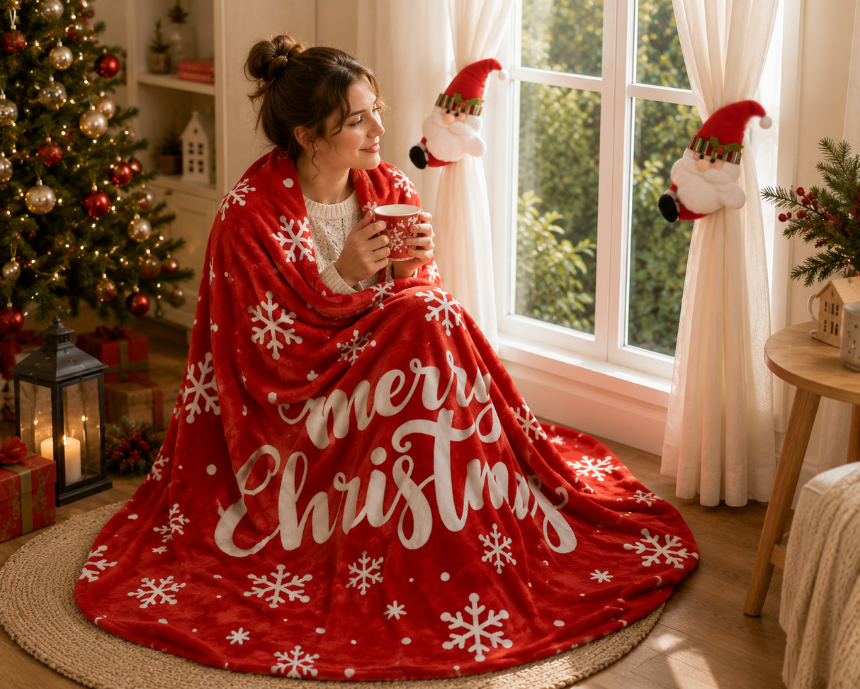 Christmas Flannel Throw Blanket and Santa Curtain Tieback Set, 150*130cm Thick Fleece Sofa Blanket with 2 Plush Santa Velcro Curtain Holders for Holiday Home Decor
