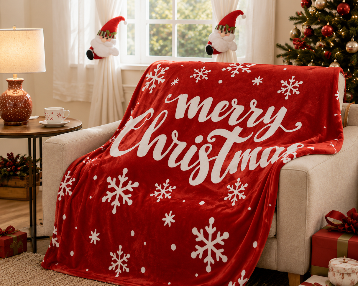 Christmas Flannel Throw Blanket and Santa Curtain Tieback Set, 150*130cm Thick Fleece Sofa Blanket with 2 Plush Santa Velcro Curtain Holders for Holiday Home Decor