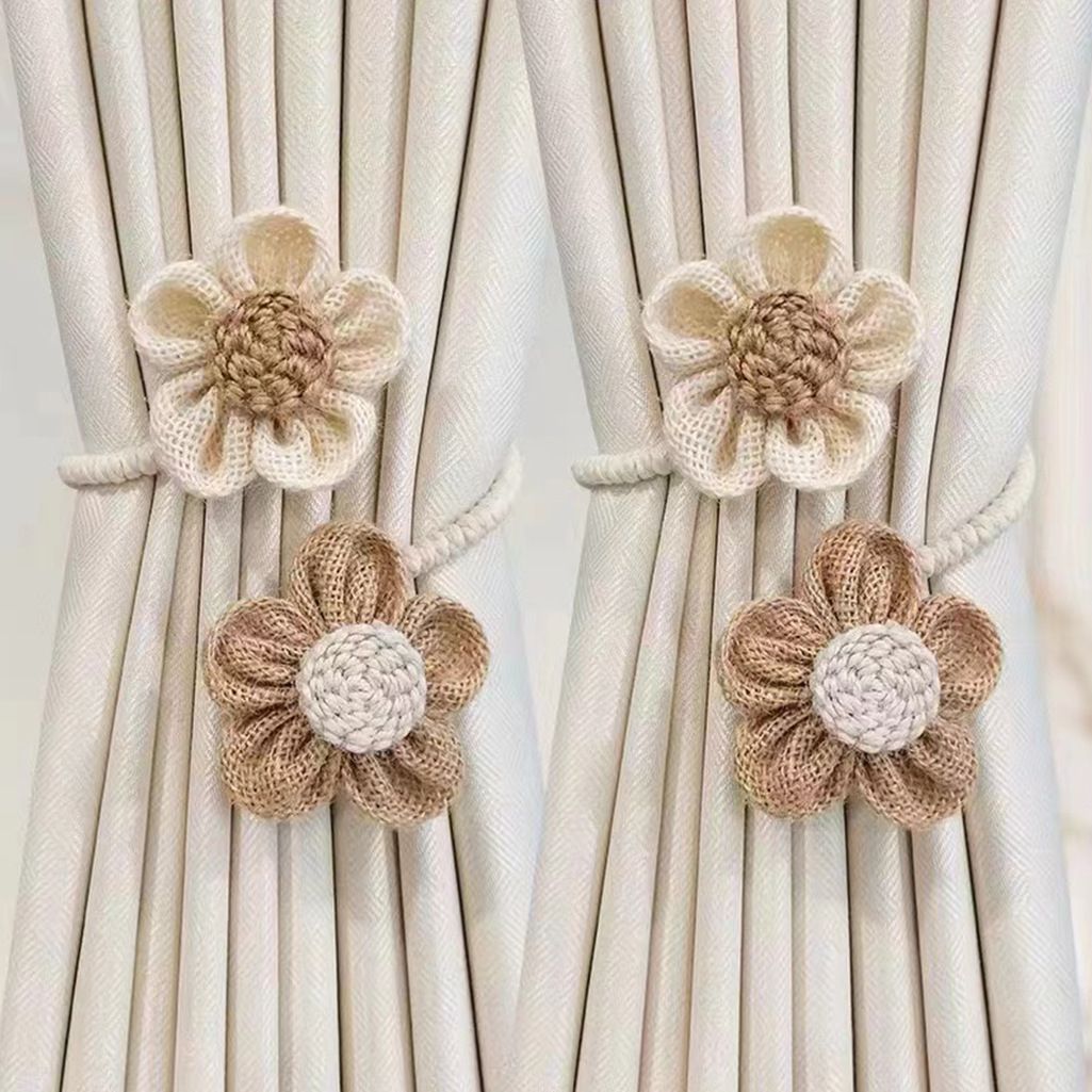 Beige-Brown Rustic Flower Curtain Tiebacks Set of 2, Handcrafted Fabric Daisy Curtain Holdbacks, No Drill Flexible Curtain Rope Buckles, Farmhouse Curtain Accessories for Sheer and Blackout Curtains