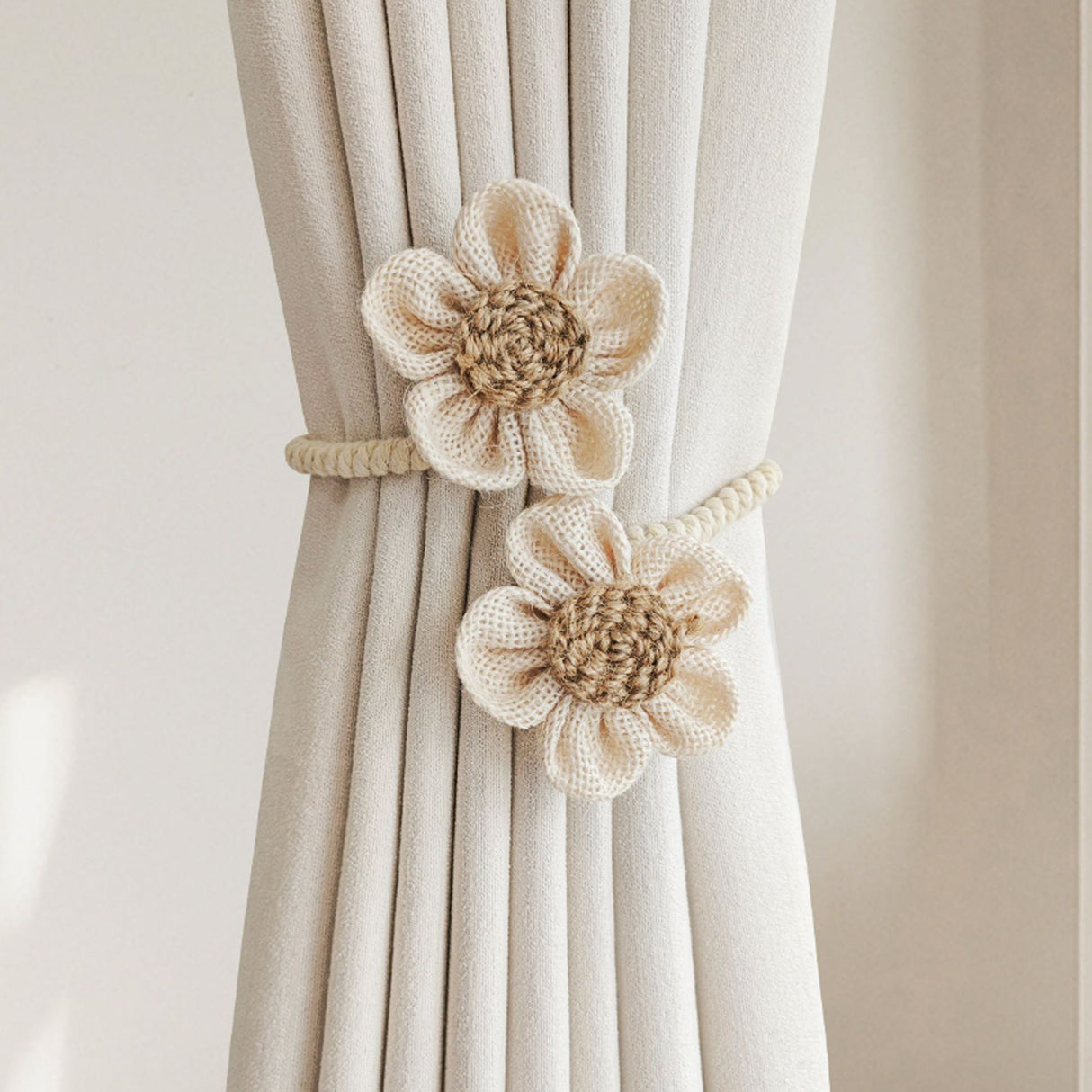 Beige Rustic Flower Curtain Tiebacks Set of 2, Handcrafted Fabric Daisy Curtain Holdbacks, No Drill Flexible Curtain Rope Buckles, Farmhouse Curtain Accessories for Sheer and Blackout Curtains