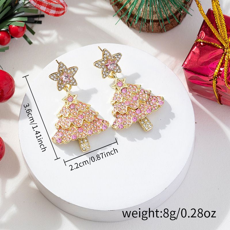 Pink Christmas Tree Star Drop Earrings for Women, Sparkling Rhinestone Holiday Party Jewellery Gift