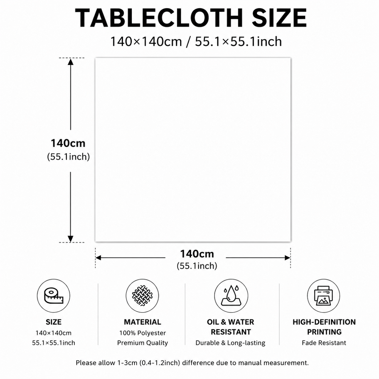 Christmas Waterproof Tablecloth (Snowflake pattern)140 x 140cm Festive Holiday Dining Table Cover Oil-Resistant Wipe Clean Christmas Home Decoration