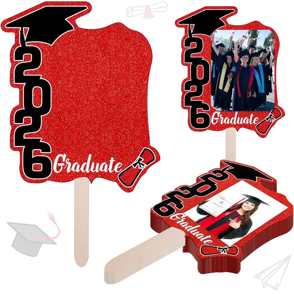 Graduate Photo Frame Fan Prop for Graduation Party (12pcs Red), Personalized 4x6 Inch Photo Holder, Senior Photo Party Decor